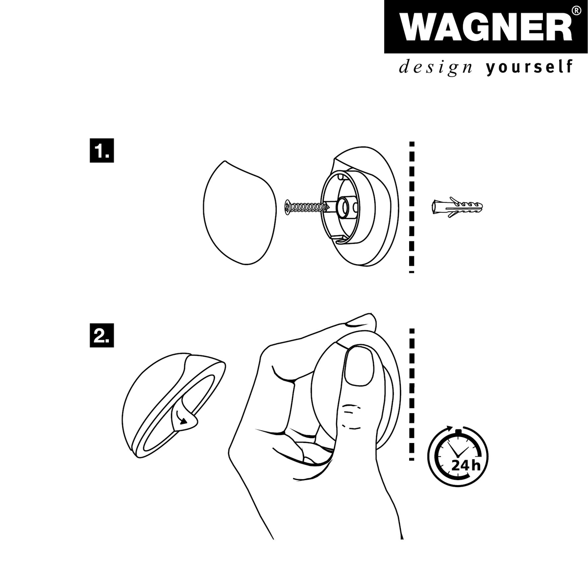 Installation diagram for Wagner wall-mounted door stopper, featuring adhesive or screw mount options.