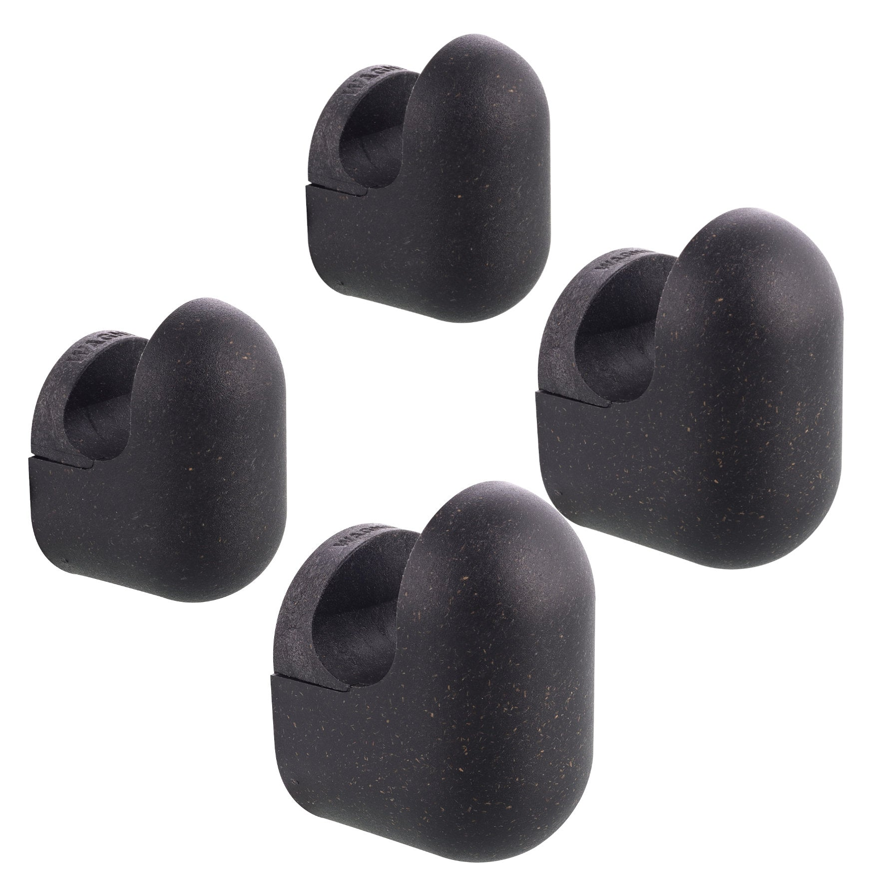 Black Pill Design multipurpose wall hooks 4 pack in black rubber and steel, 2 sizes for organizing essentials in various rooms.