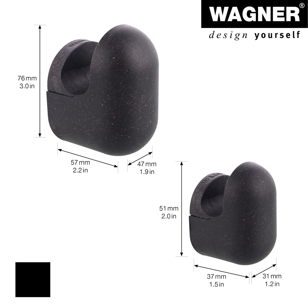 Black rubber and steel wall hooks, pack of four, in two sizes, ideal for organizing, from WAGNER.