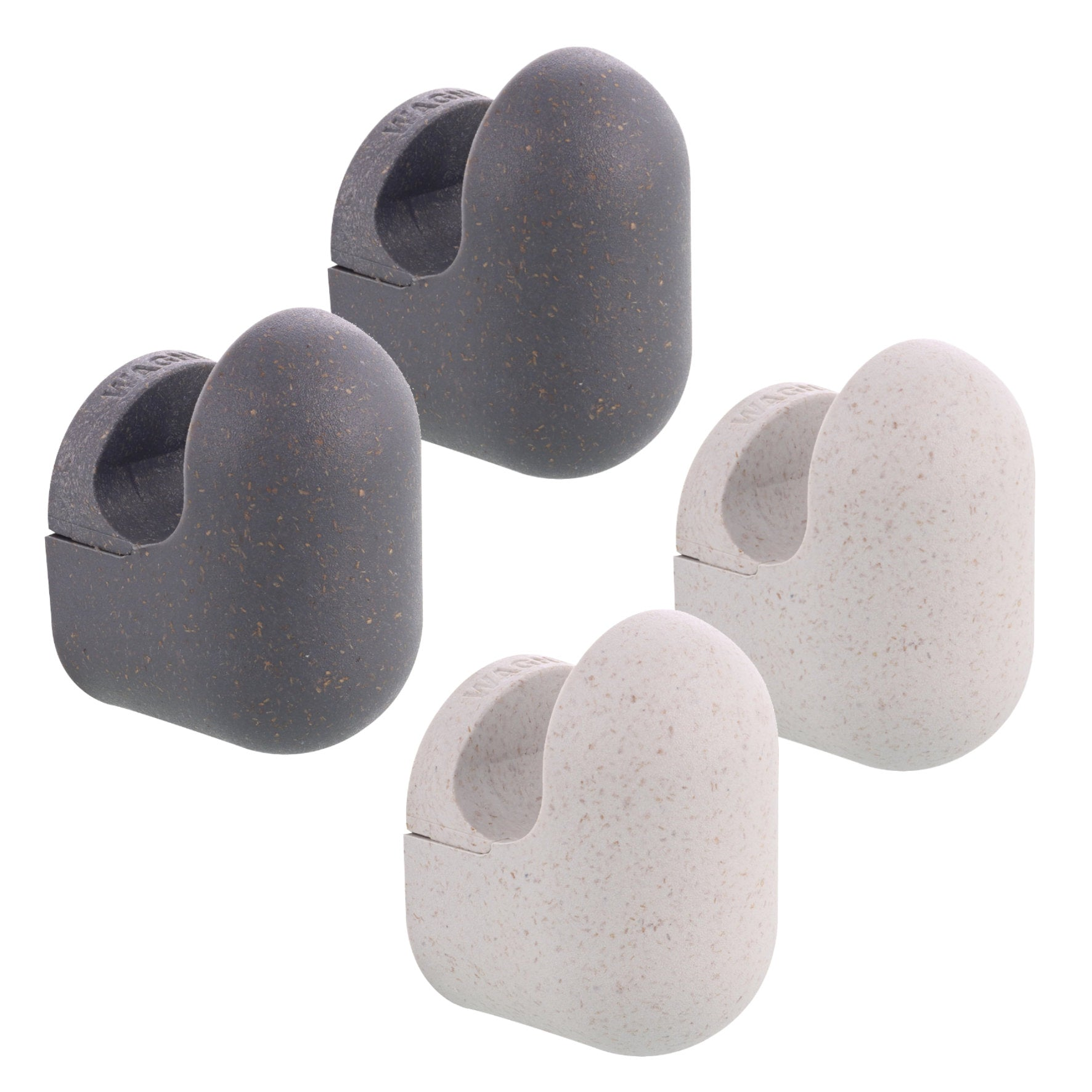 Small slate/light gray pill design multipurpose wall hooks, 4 pack, durable rubber and steel.