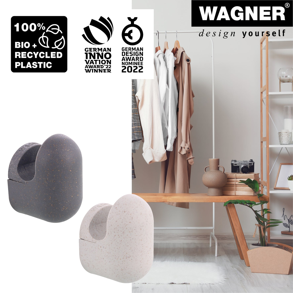 Small slate/light gray pill design multipurpose wall hooks 4 pack, durable black rubber and steel, supports 35 lbs, Wagner design.