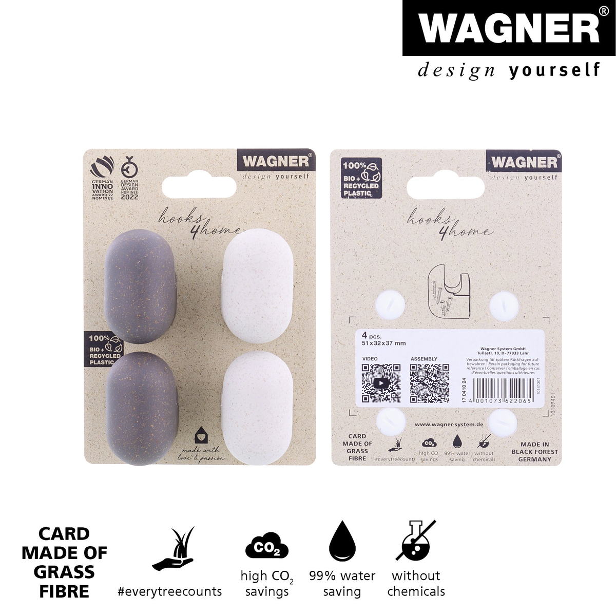 Small Slate/Light Gray Pill Design Multipurpose Wall Hooks 4 Pack by Wagner, durable black rubber and steel, easy wall-mount, supports up to 35 lbs.