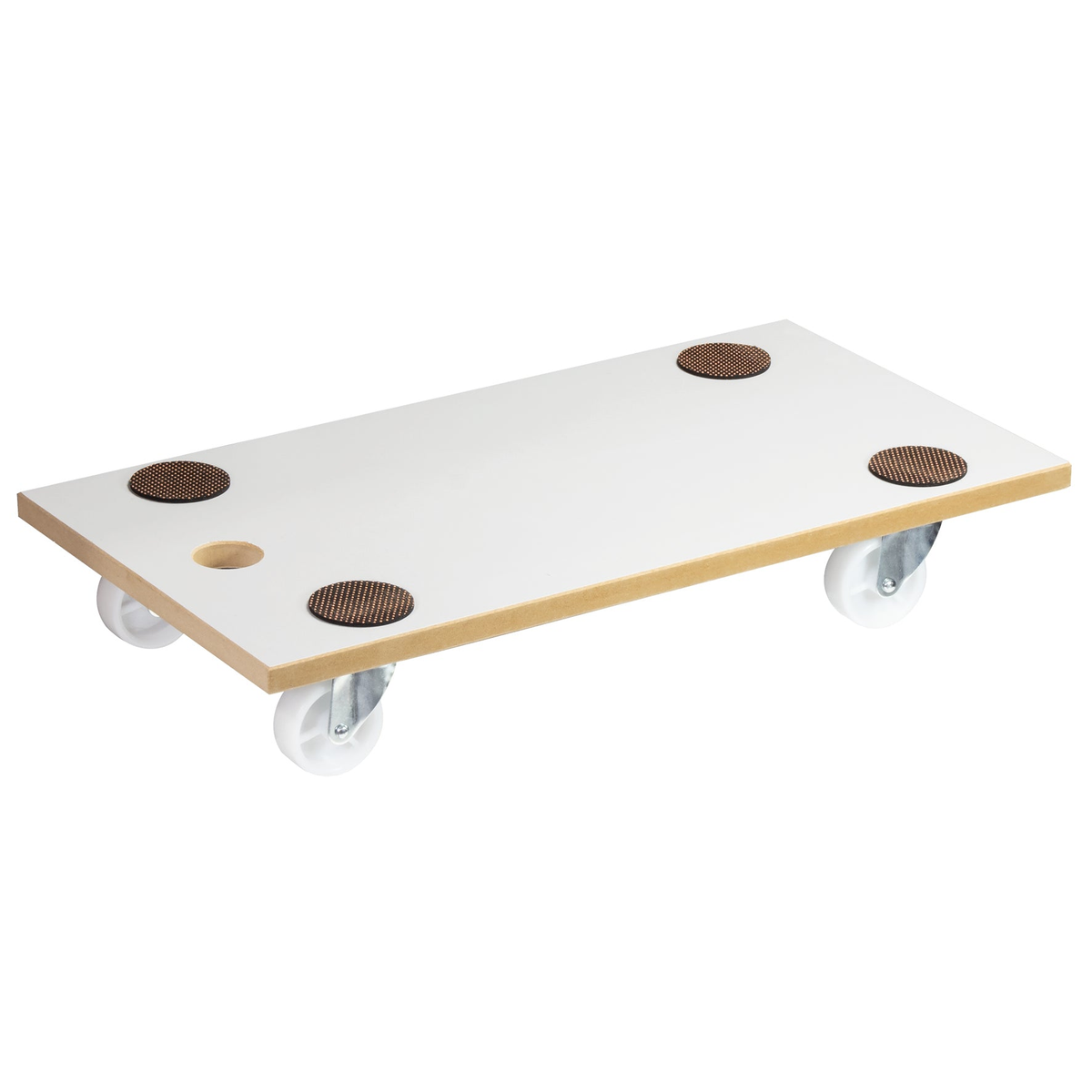 12&quot; 440 lb capacity white wood furniture moving dolly with durable rollers and handle hole.