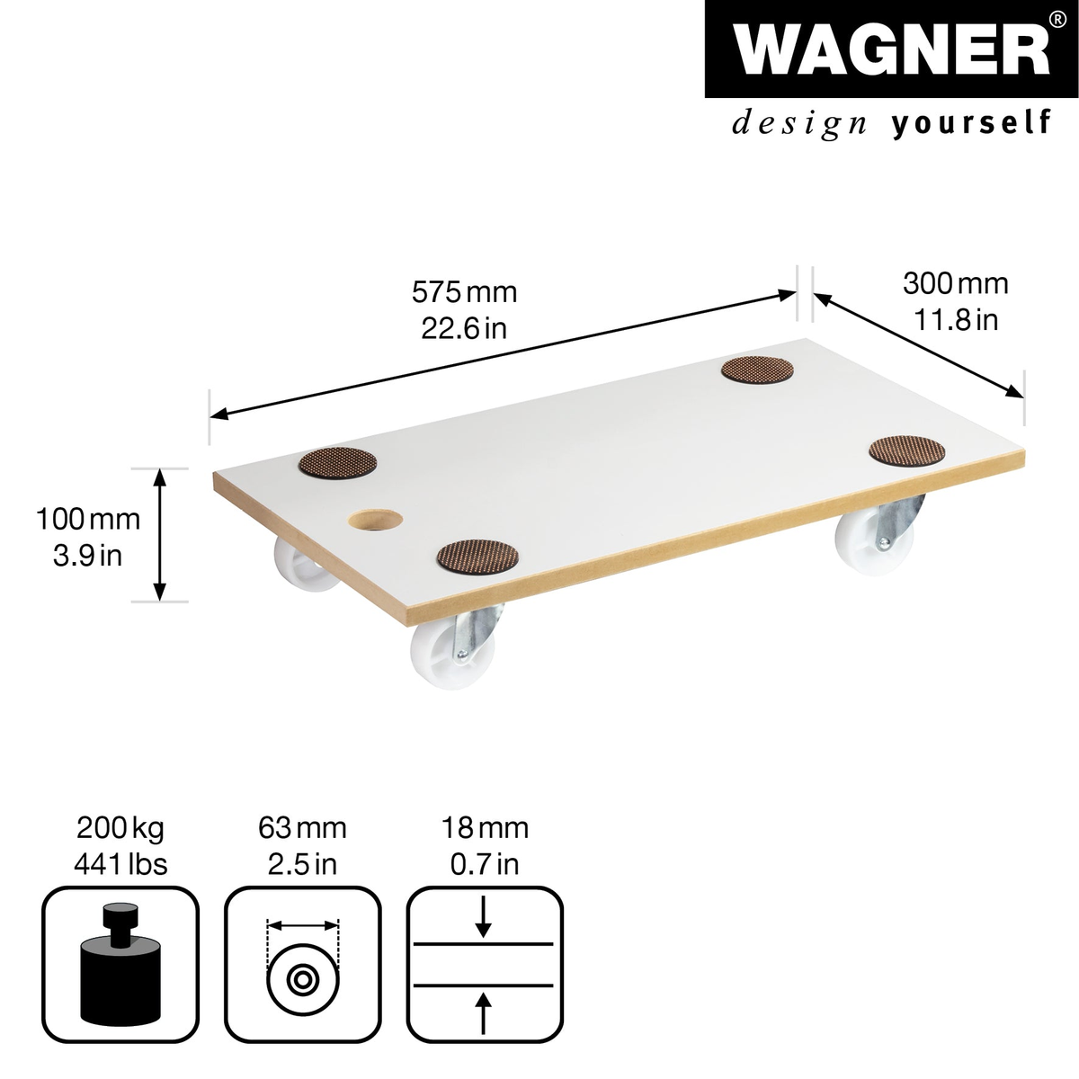 12&quot; 440 lb capacity white wood furniture moving dolly with durable MDF plates, weather-resistant coating, and tough rollers for easy maneuverability.