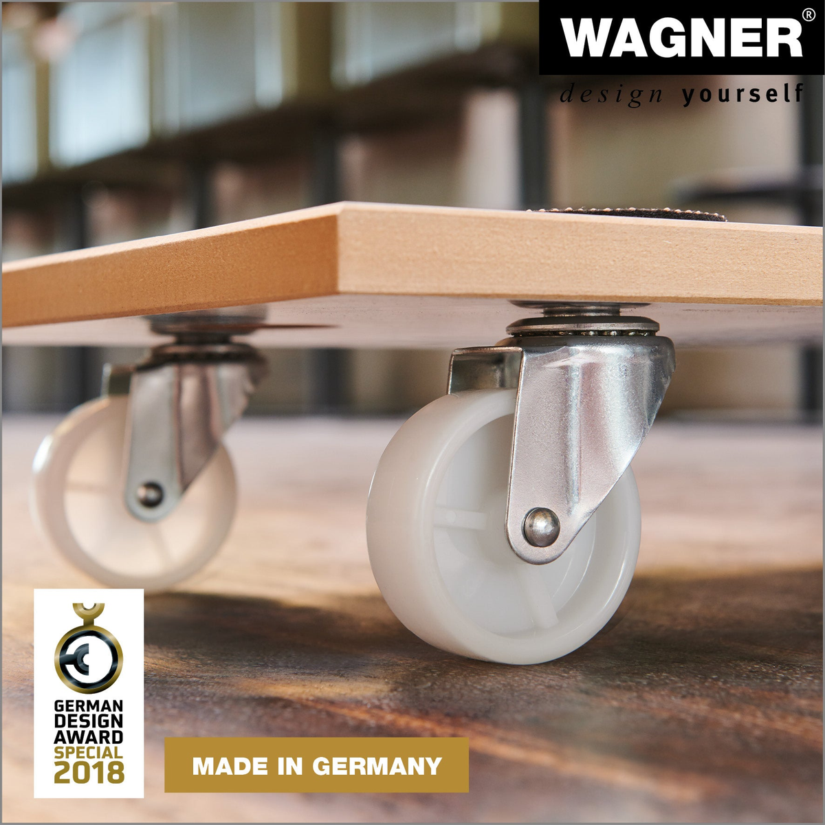 12&quot; 440 lb Capacity White Wood Furniture Moving Dolly with durable rollers, Wagner quality seal, made in Germany.