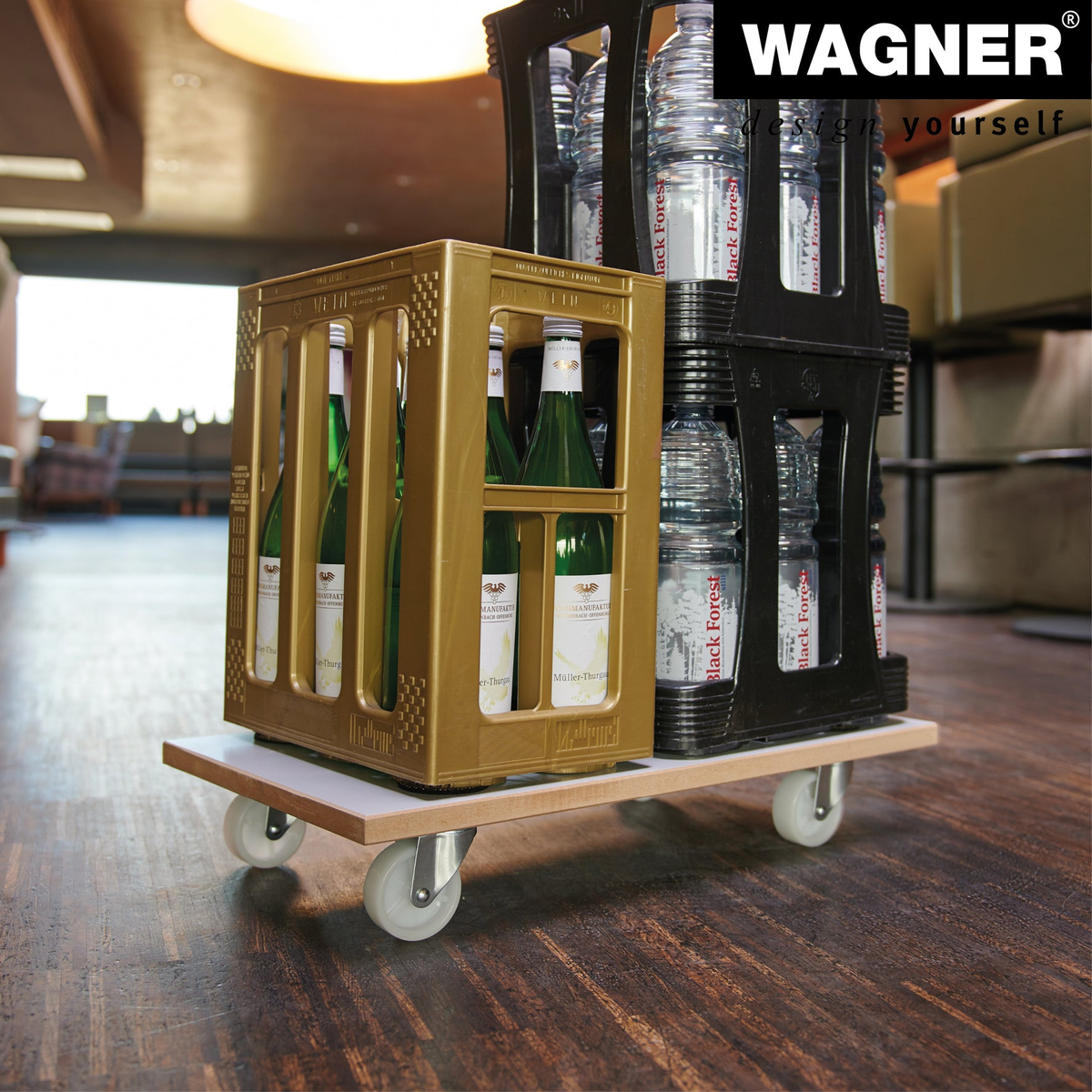 12&quot; 440 lb capacity white wood furniture moving dolly with bottles on it.