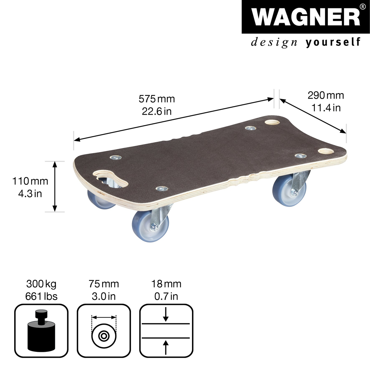 11&quot; 660 lb Capacity Maxigrip Wood Furniture Moving Dolly with MaxiGRIP coating and ULTRASOFT castors.