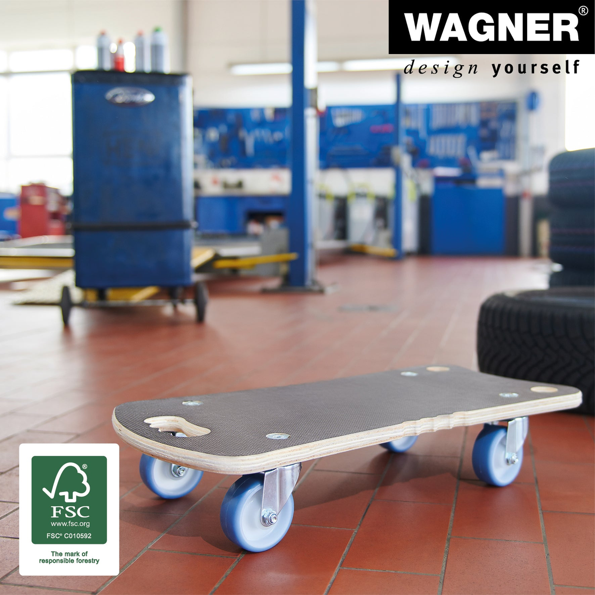 Wood furniture moving dolly with 11&quot; x 22.6&quot; dimensions, 660 lb capacity, non-slip MaxiGRIP coating, and ULTRASOFT castors in a workshop setting.