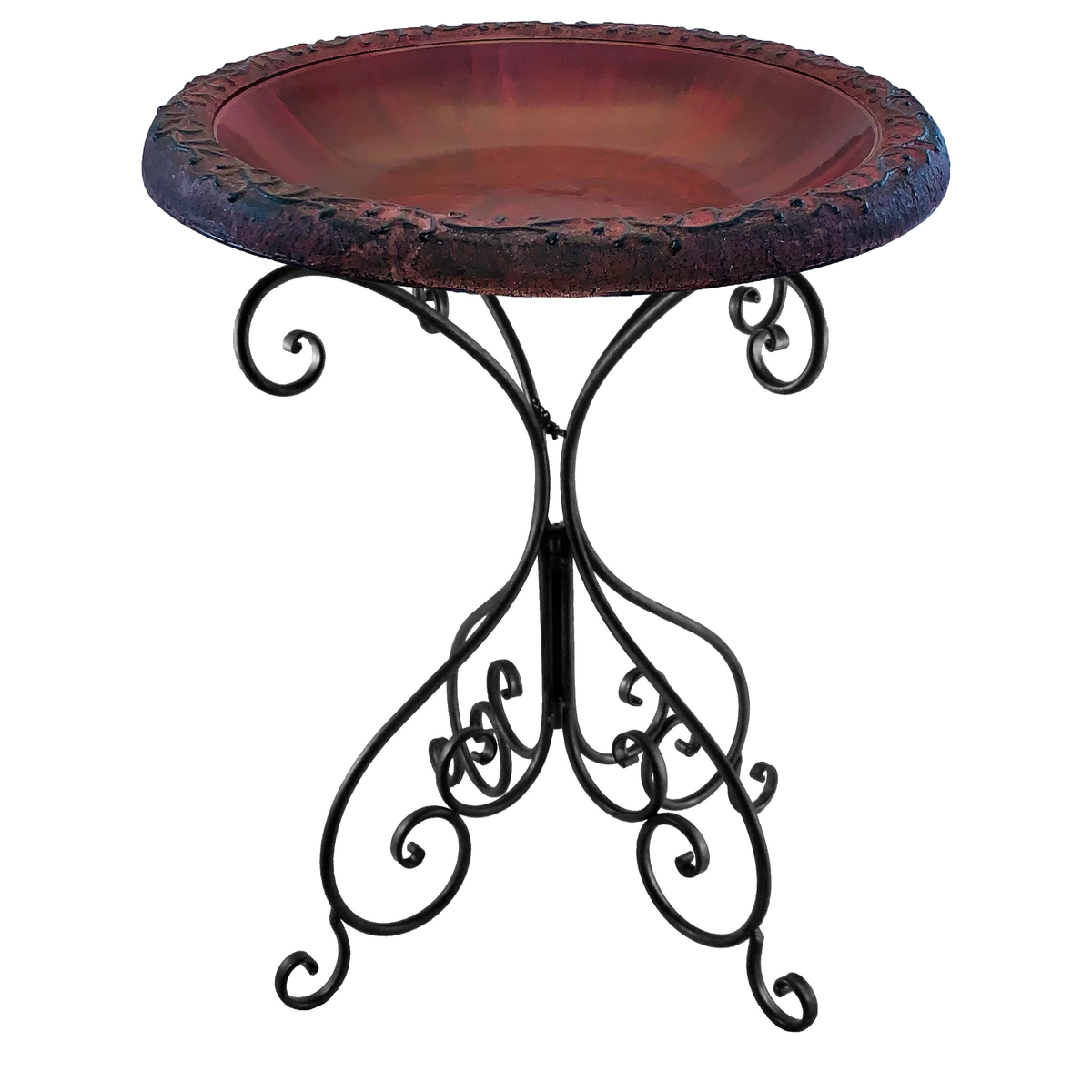 Red and charcoal fiber clay birdbath with design rim on black metal stand, 19-inch diameter, 25-inch height.