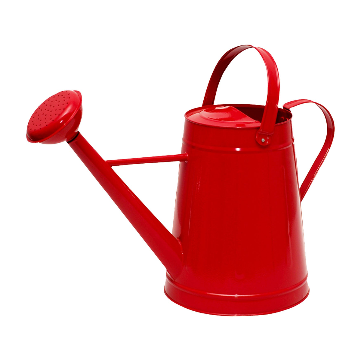 Red metal traditional watering can with dual handles and sprinkler head.