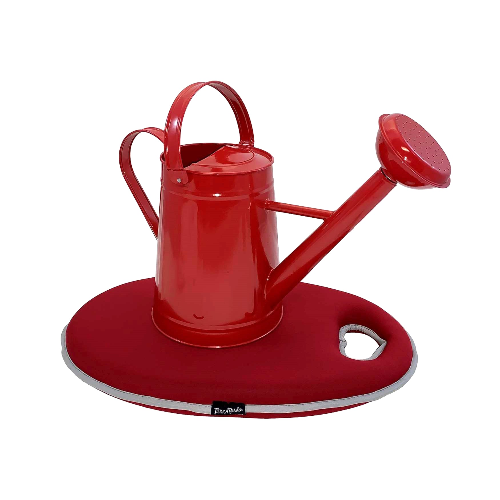 Red 1.2-gallon traditional metal watering can with memory foam kneeling cushion for gardening.