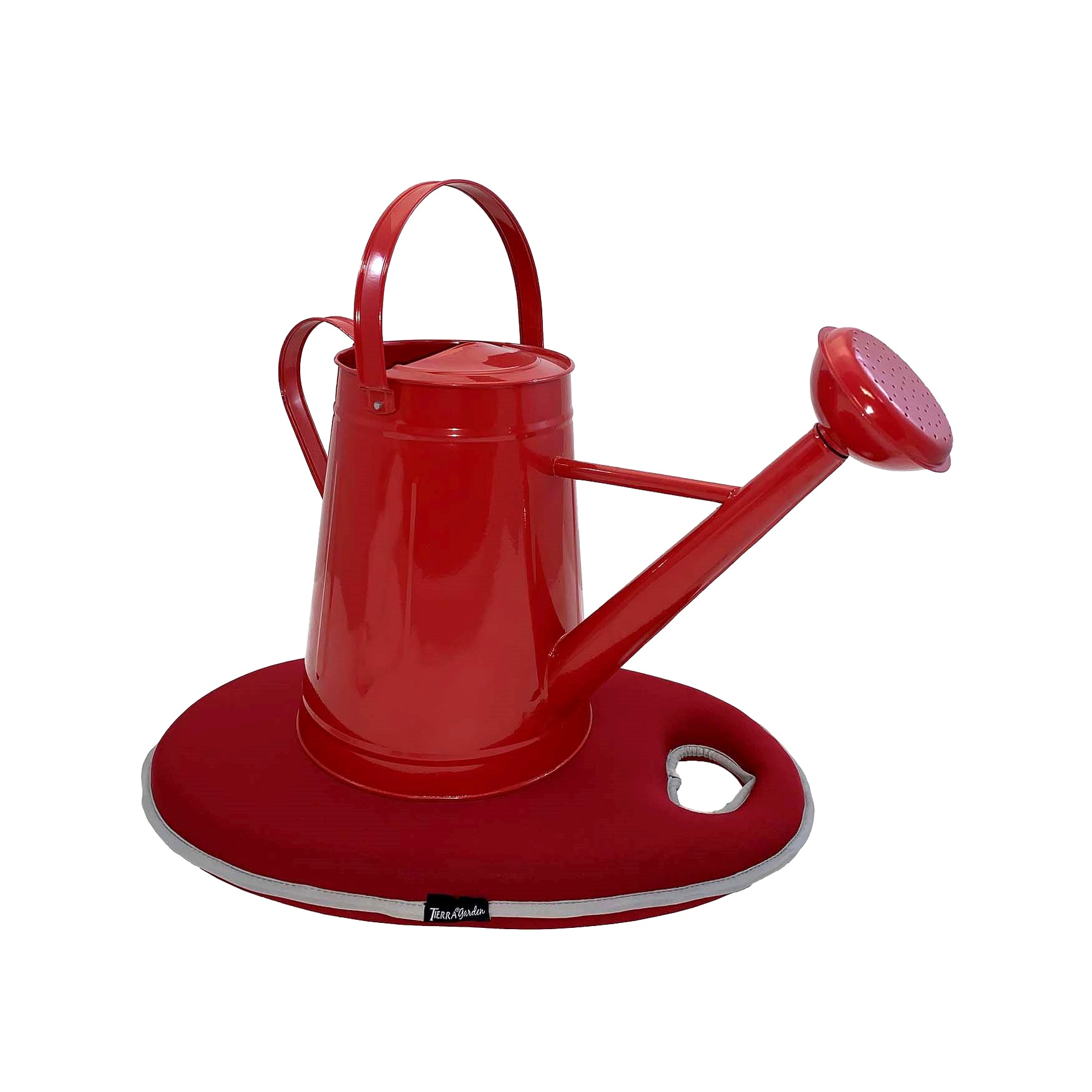 Red traditional metal watering can with memory foam kneel cushion, ideal for indoor and outdoor gardening.