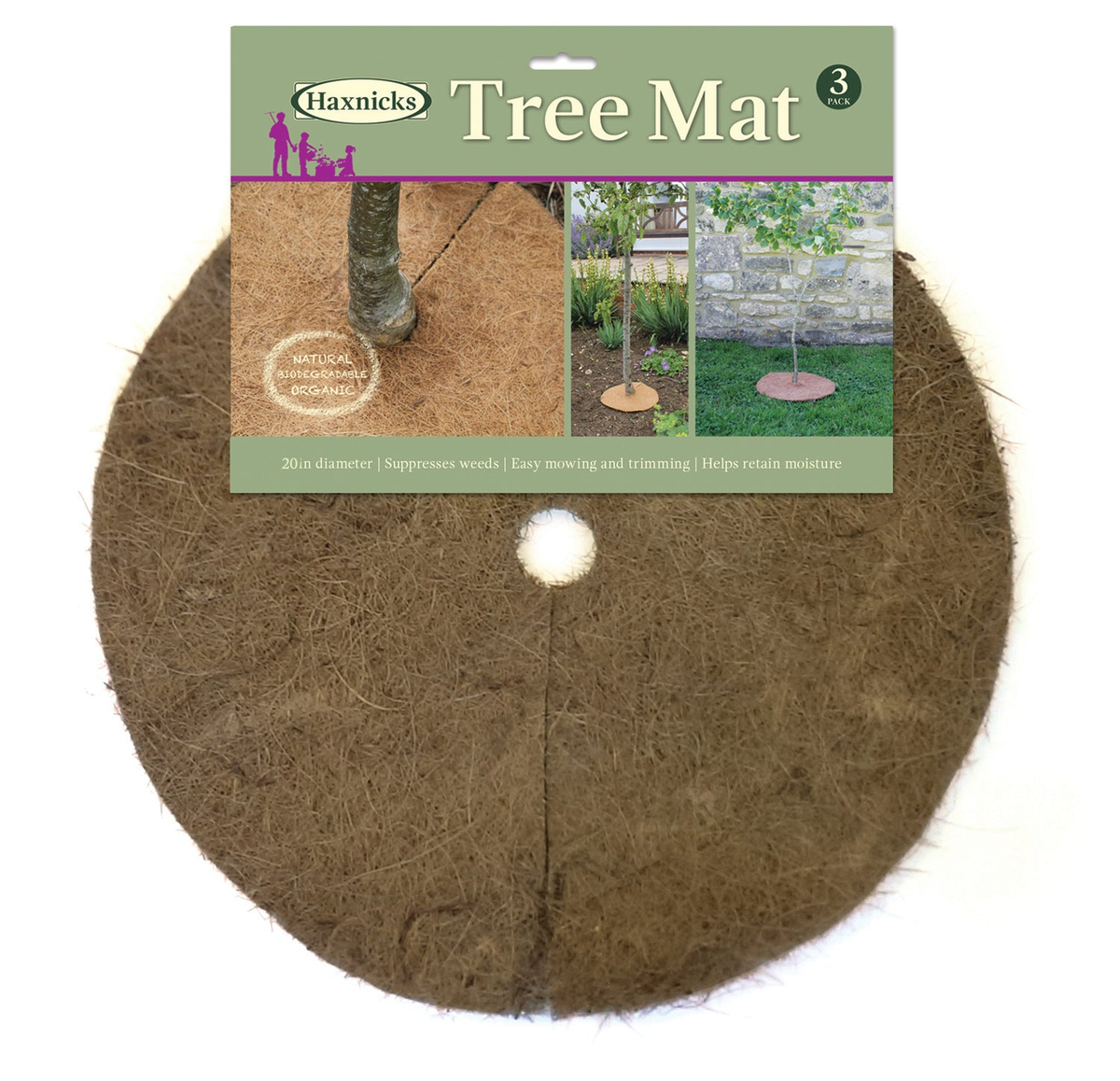 20&quot; Round Biodegradable Coco Tree Mat 3pk for tree care and weed suppression.