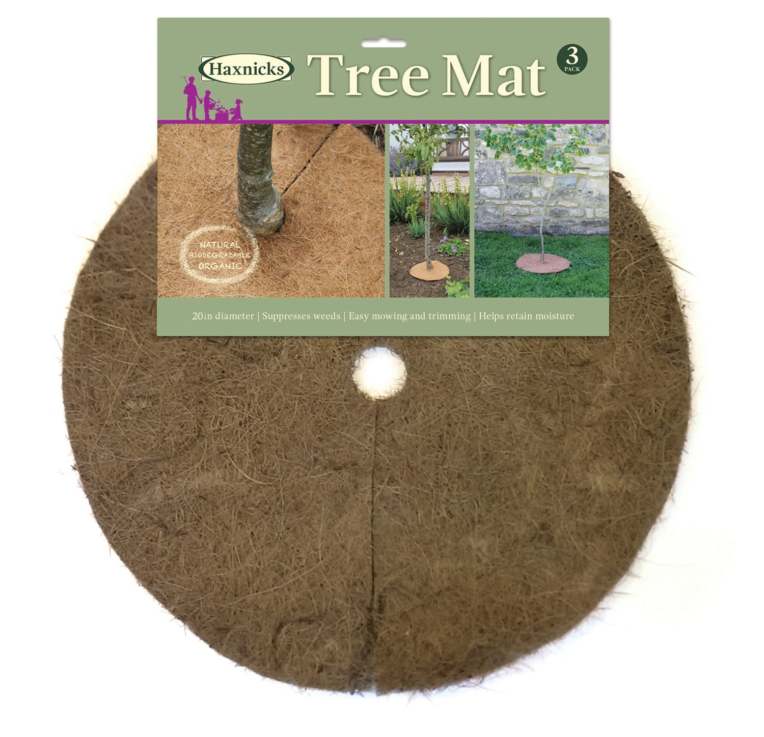 20" Round Biodegradable Coco Tree Mat 3pk for tree care and weed suppression.