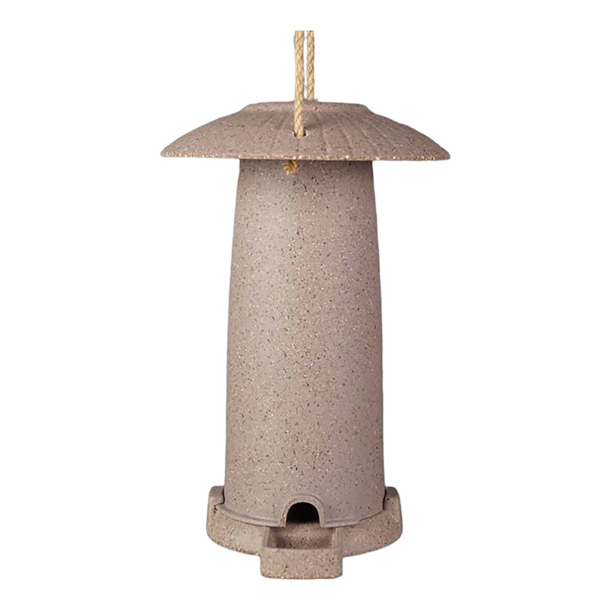 Earthy sustainable seed feeder made from nut husks for birds, measures 8.66&quot; x 5.71&quot; x 6.10&quot;, frost-proof, vegan-friendly.