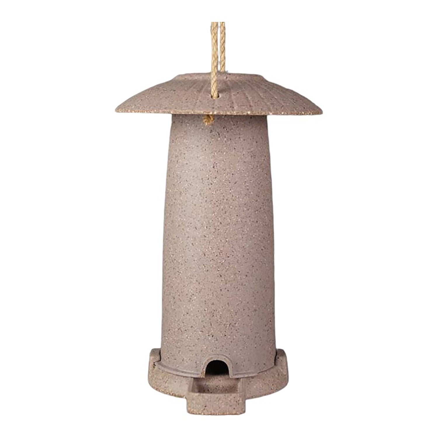 Earthy sustainable seed feeder made from nut husks for birds, measures 8.66" x 5.71" x 6.10", frost-proof, vegan-friendly.