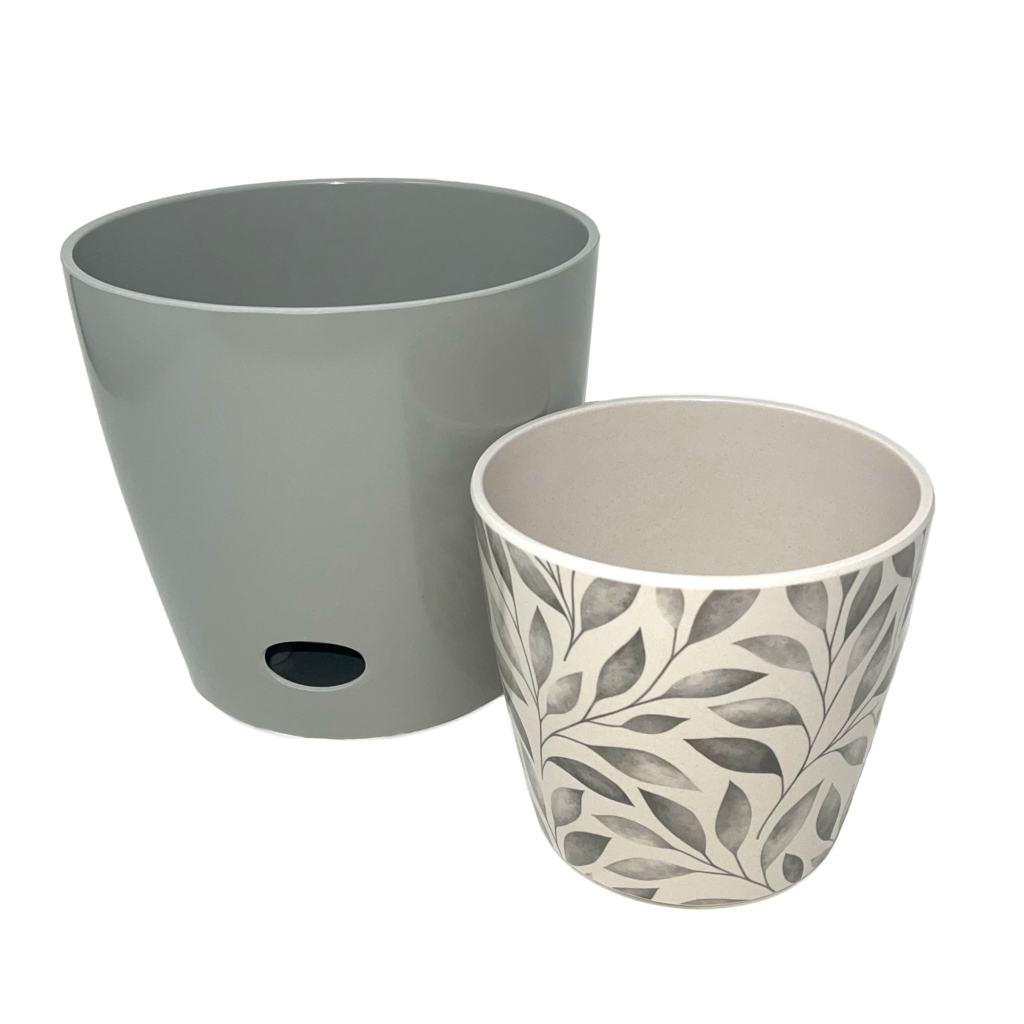 Self-watering eco-friendly plant pot set with 5" gray leaves and 7" gray solid design.