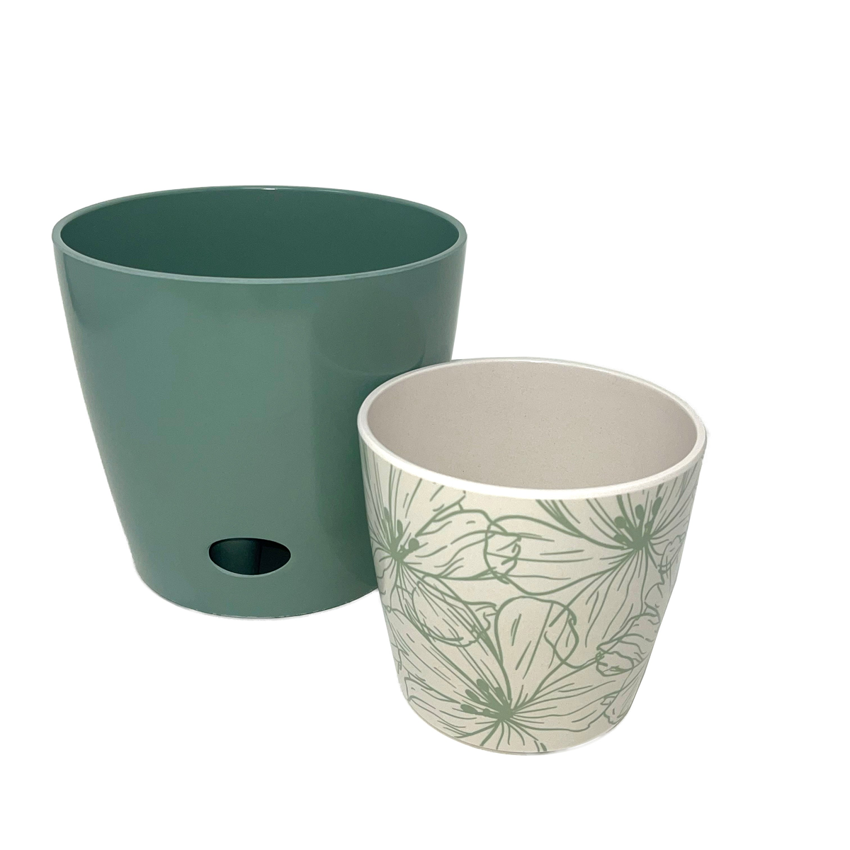 Eco-friendly self-watering plant pot set, 5-inch green flower and 7-inch sage green, bamboo fiber, indoor/outdoor use.