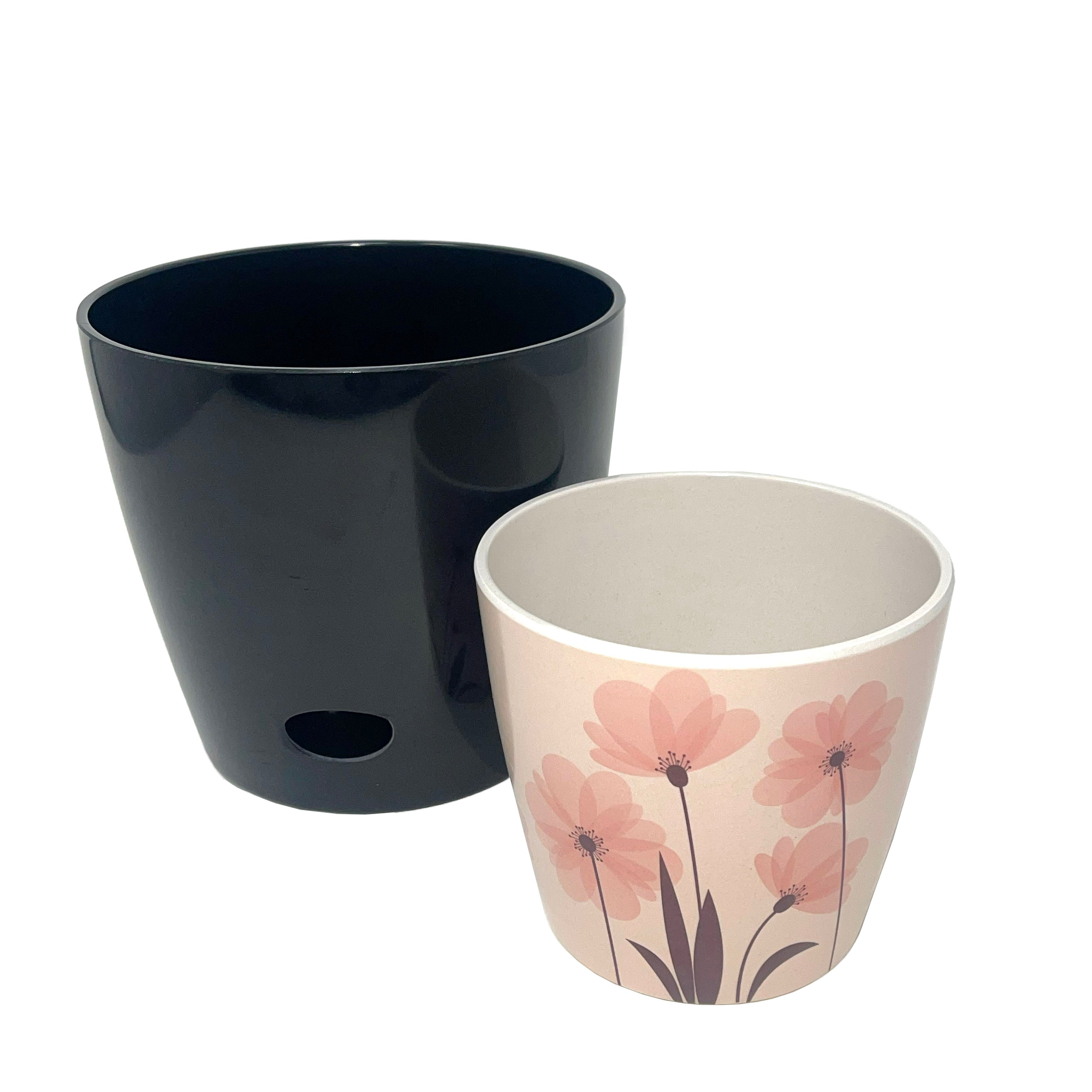 Self-watering plant pot set of 2, featuring a 5" pink flower design and 7" black solid pot made of eco-friendly bamboo fiber.