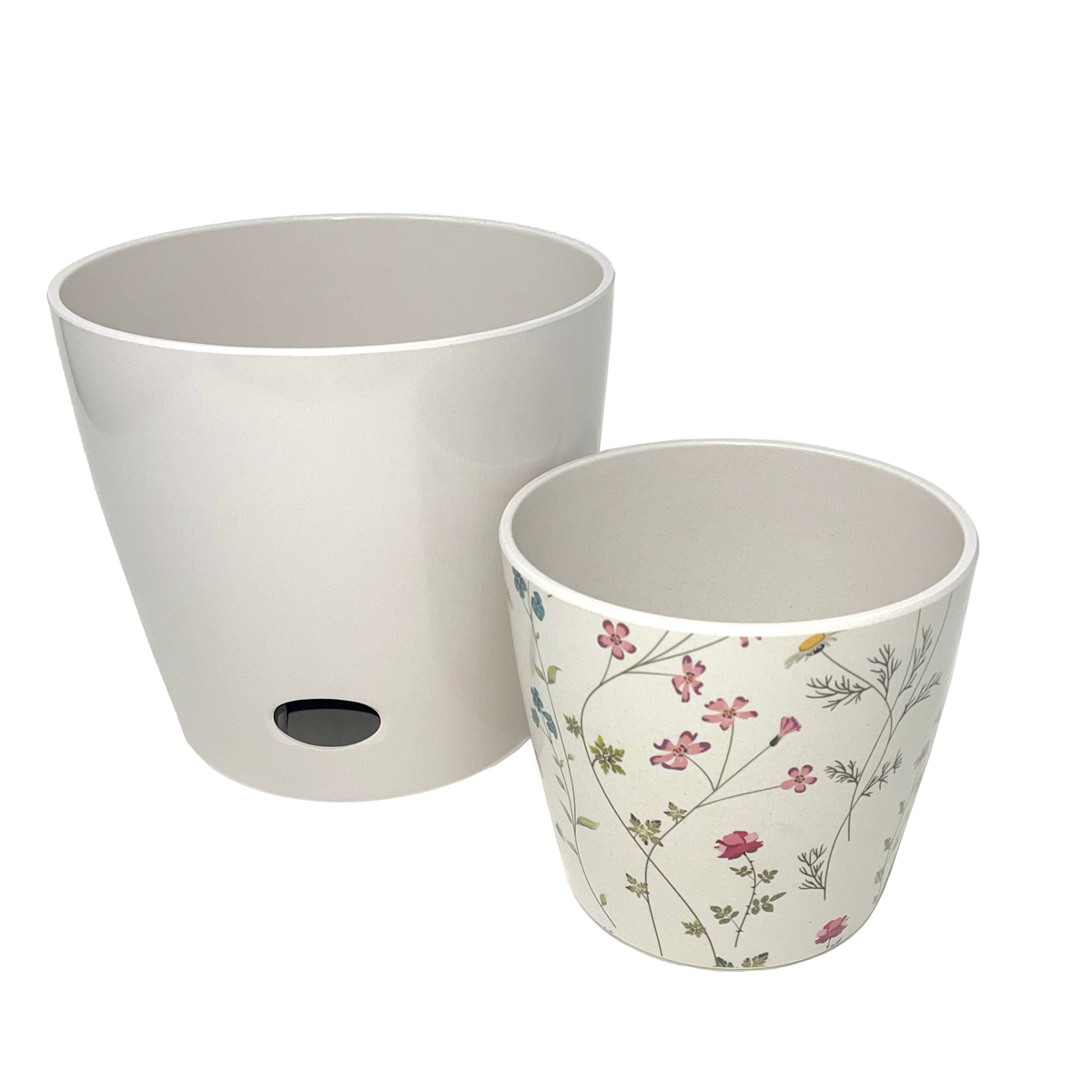 Self-watering plant pot set of 2, eco-friendly bamboo fiber, 5&quot; wildflower design and 7&quot; cream color.