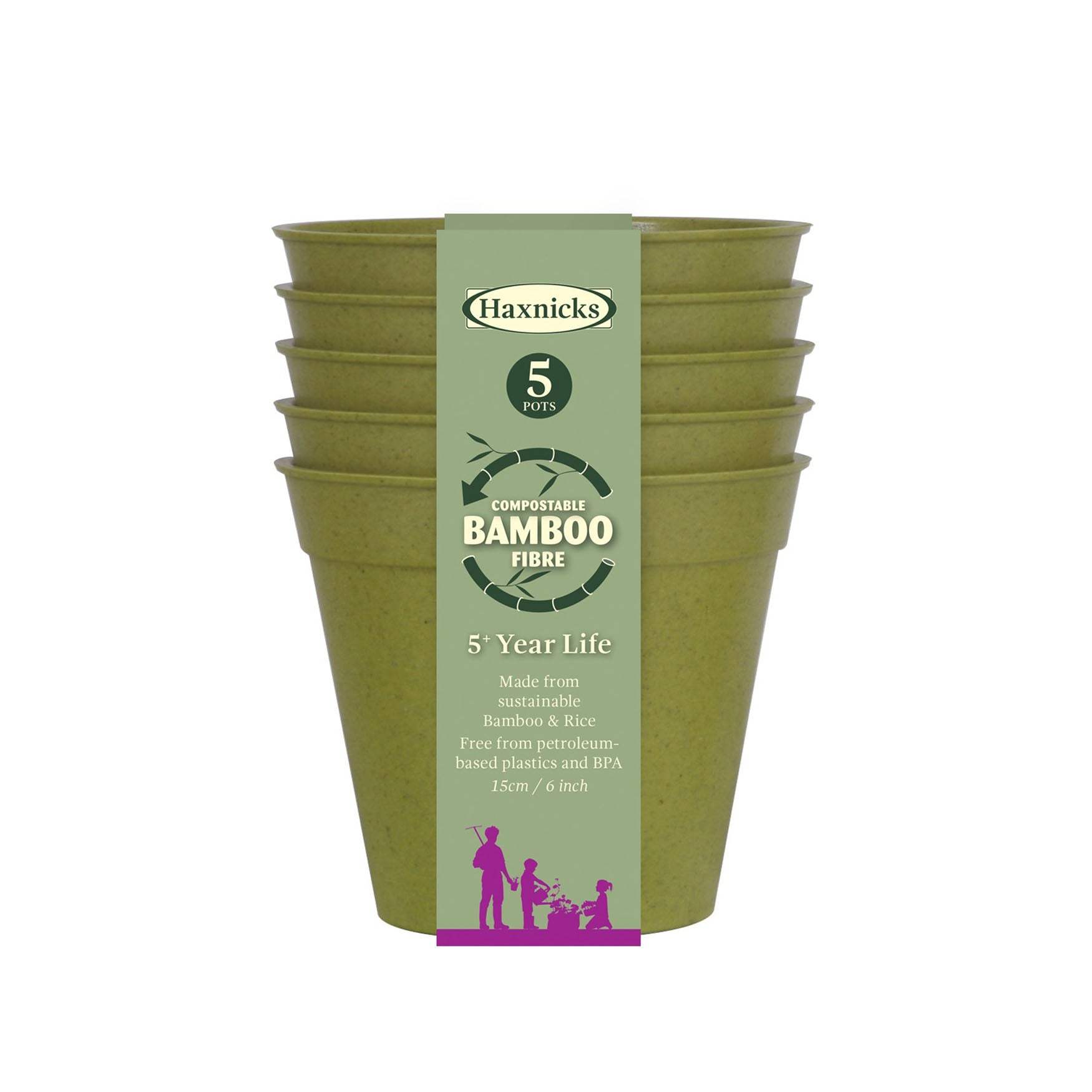 6" green bamboo pot 5-pack, eco-friendly, biodegradable, durable, made from bamboo fiber and rice starch.