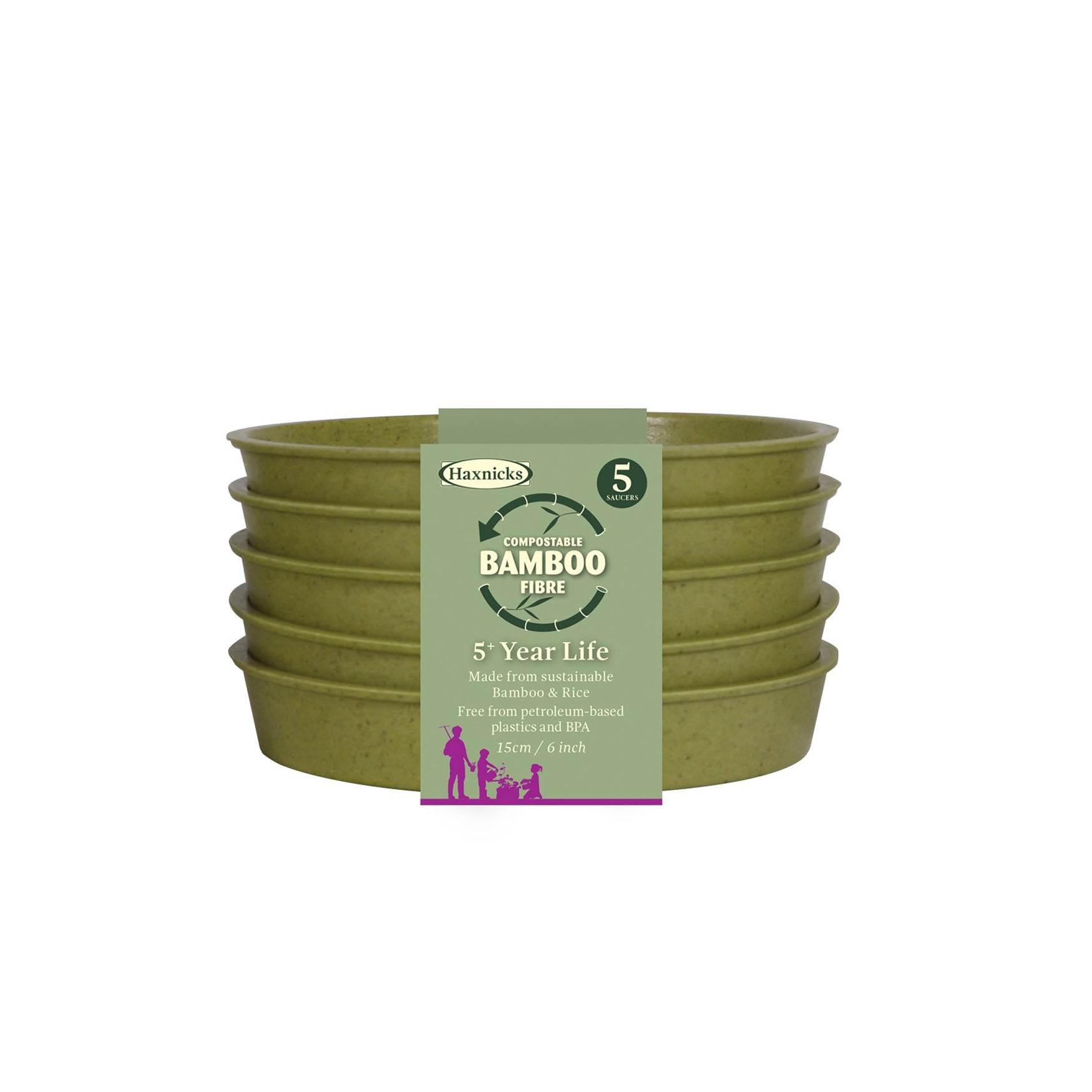 6" green bamboo saucers 5-pack, eco-friendly, biodegradable, durable, indoor/outdoor use.