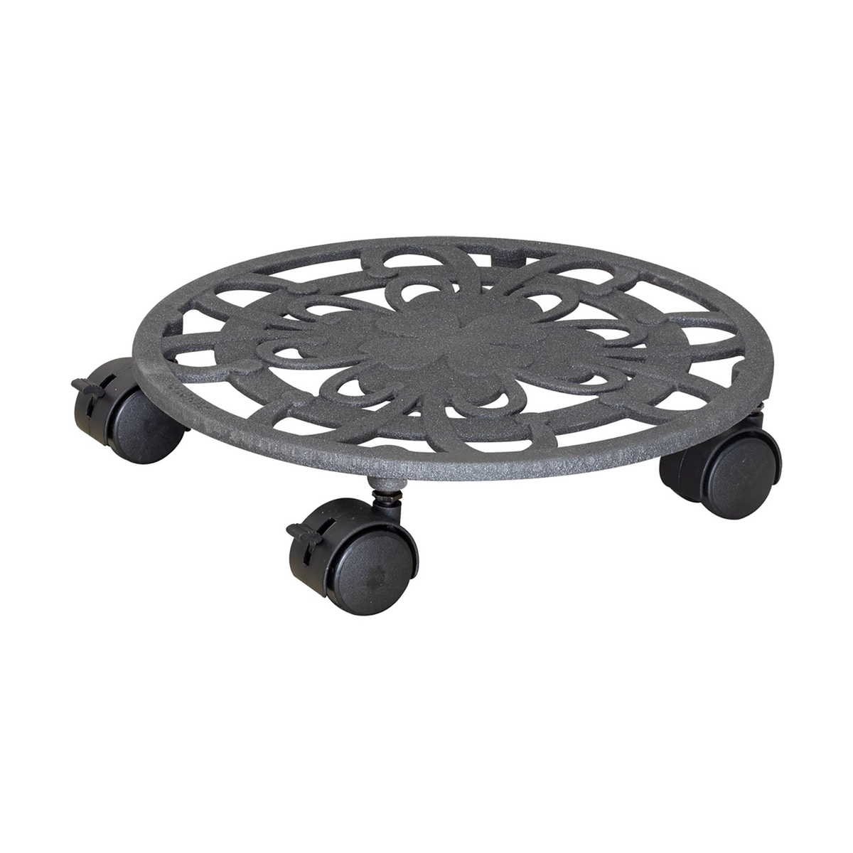 11.4&quot; slate gray cast iron plant caddy with brakes and twin-wheel casters, suitable for indoor and outdoor use, supports up to 110 lbs.