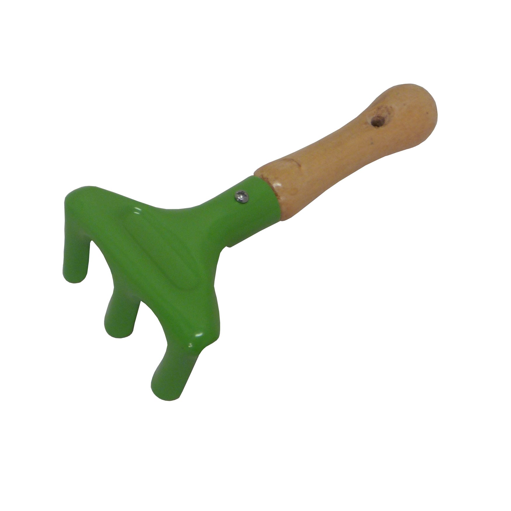 Small kids hand fork with vibrant green metal head and wooden handle, ideal for young gardeners.