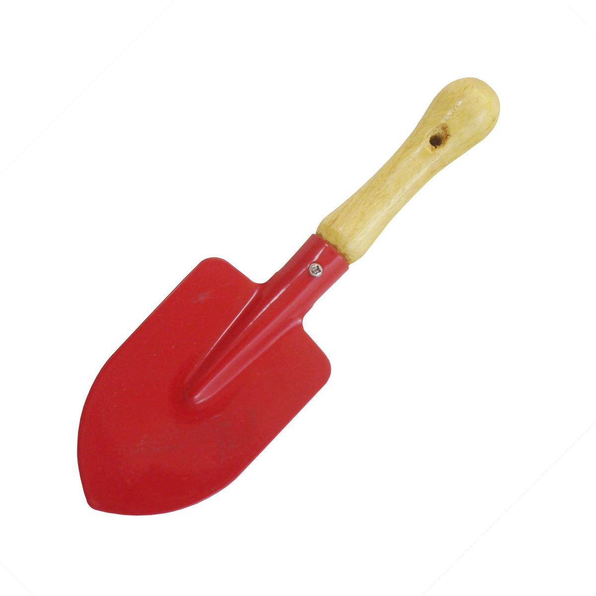 Small kids round trowel with vibrant color, metal head, wooden handle, ideal for young gardeners.