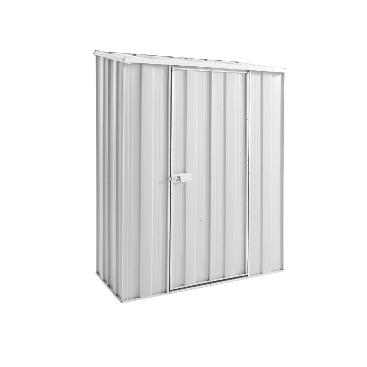 Small silver metal storage shed kit with swing door, ideal for garden or backyard.