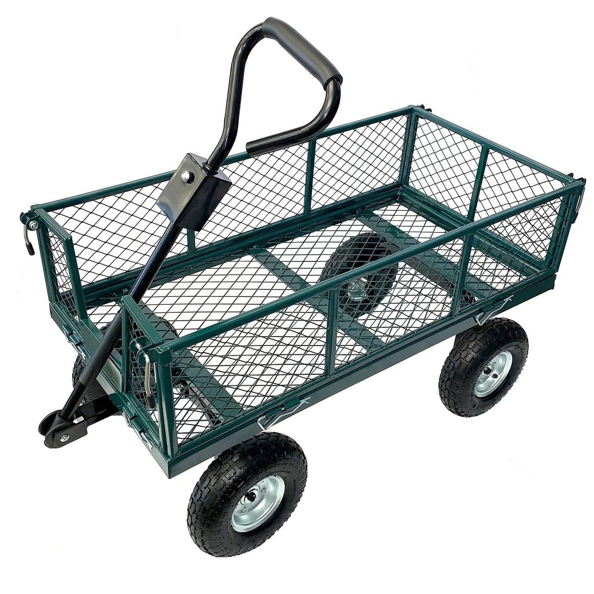 Small steel mesh garden wagon with foam wheels, ideal for transporting gardening essentials, removable sides, and all-terrain design.