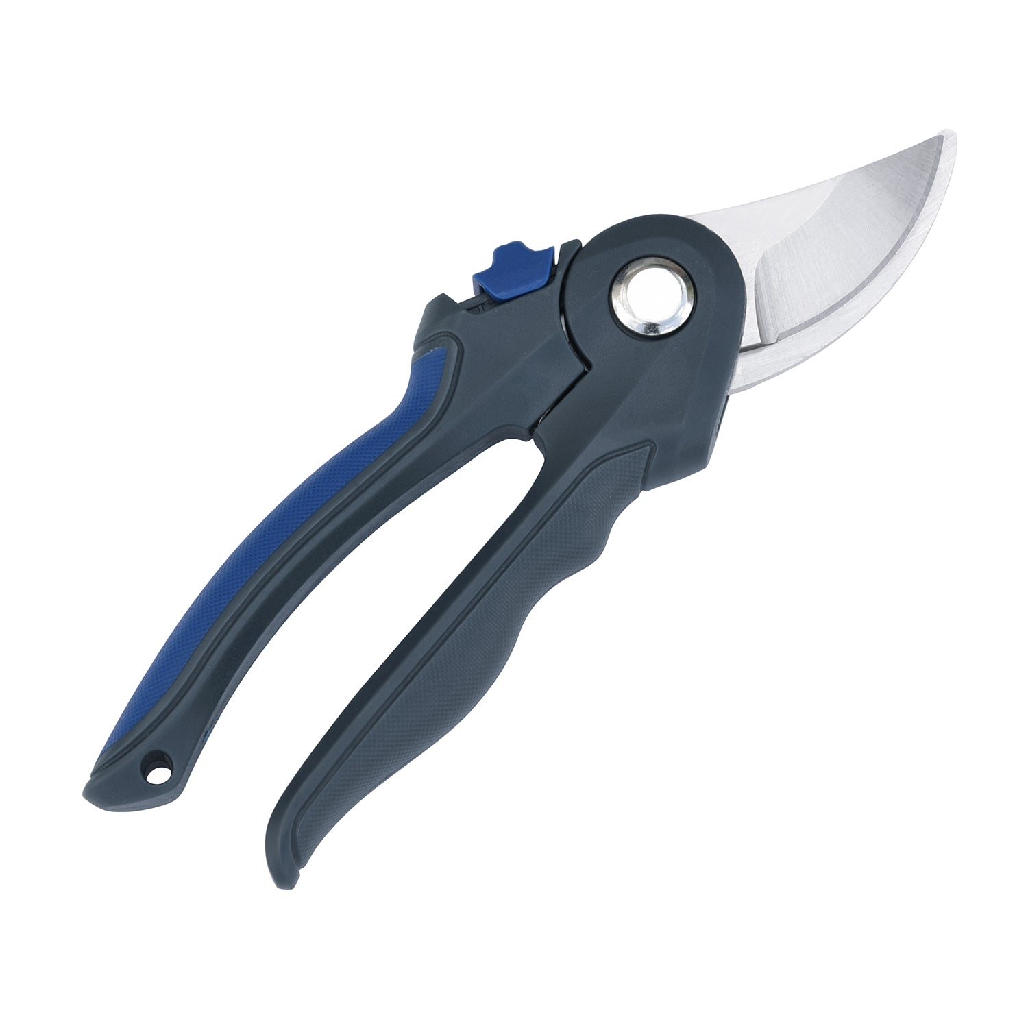 Stainless steel bypass pruner with ergonomic TPR handle and cushioned grip.