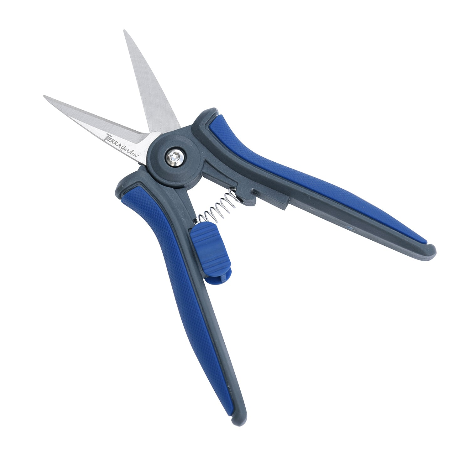 Stainless steel floral pruner with ergonomic TPR handle for comfort and durability.