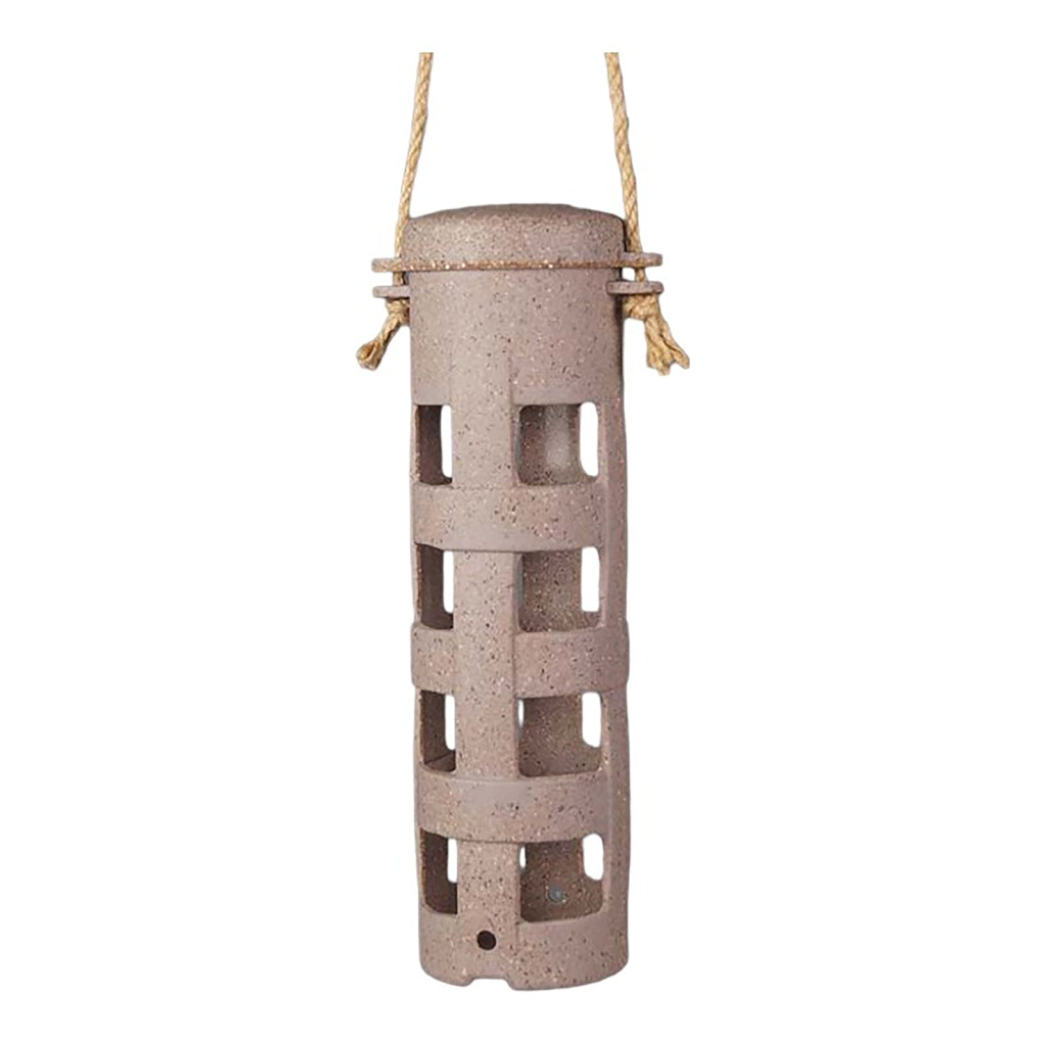 Earthy Sustainable Suet Ball Feeder made from Nut Husks, 9.06" high, 2.5" diameter, vegan-friendly.