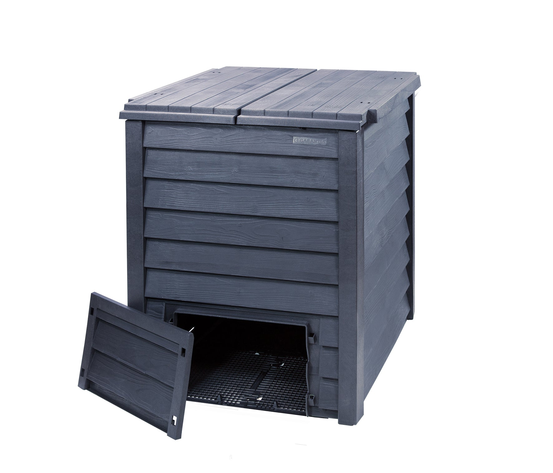 158-gallon capacity Thermo Wood composter with UV-resistant Thermolen construction and soil fence.