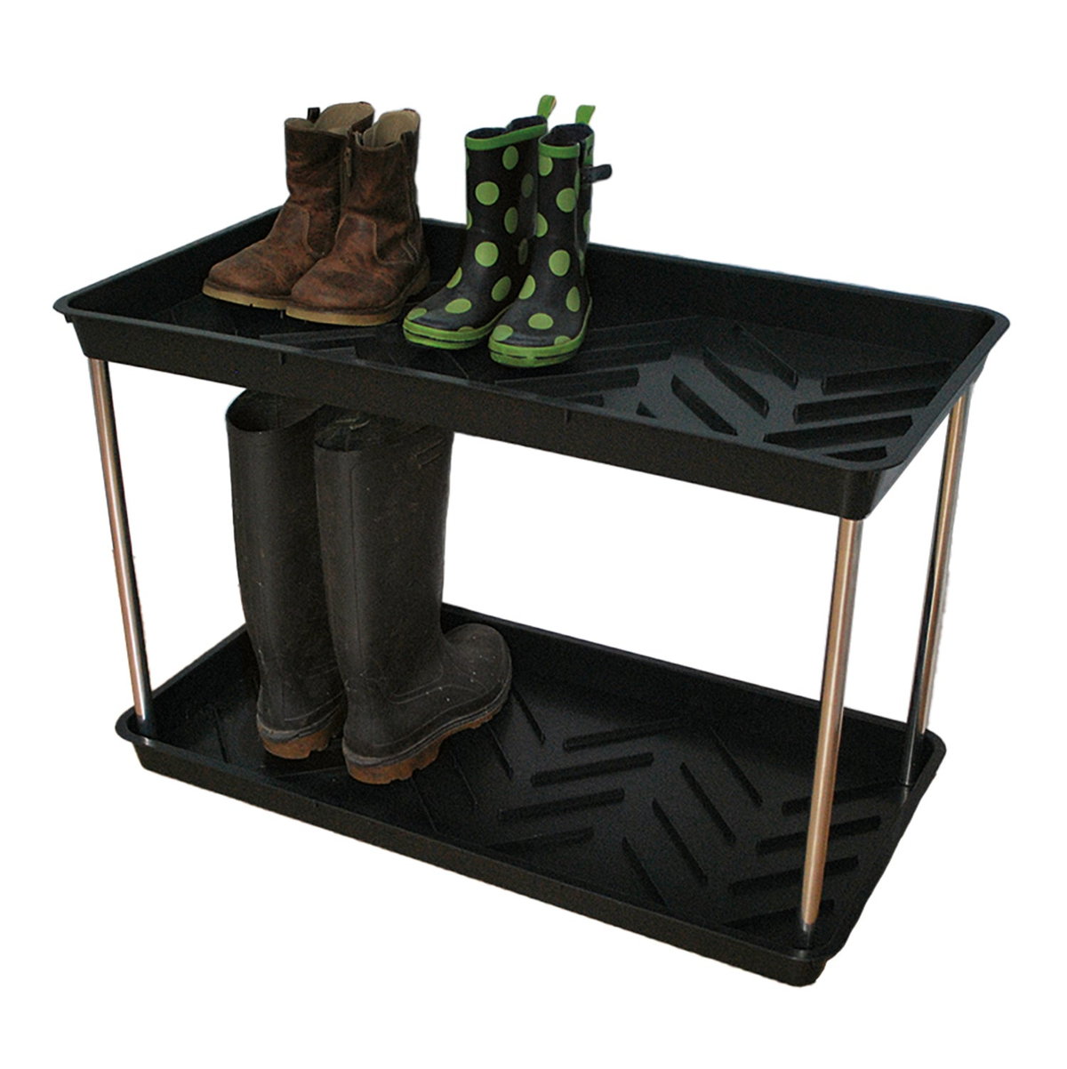 Two-tier black boot tray with 31&quot; length, innovative design, and rust-resistant aluminum posts for efficient shoe storage.