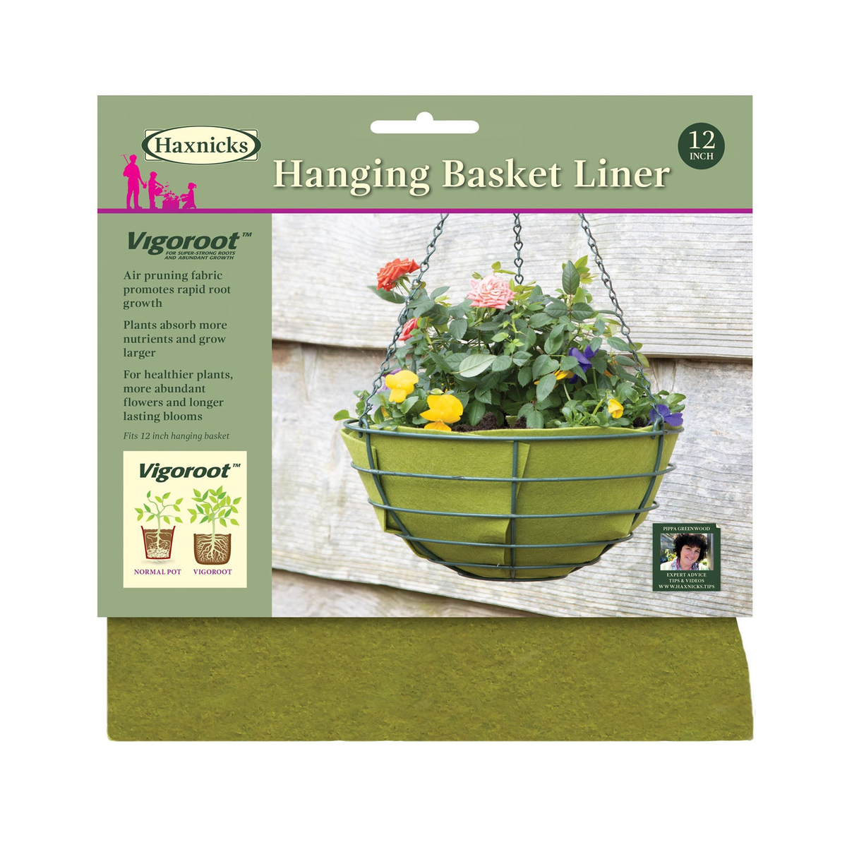 12&quot; Haxnicks Vigoroot hanging basket liner with vibrant flowers, promotes healthy root growth.