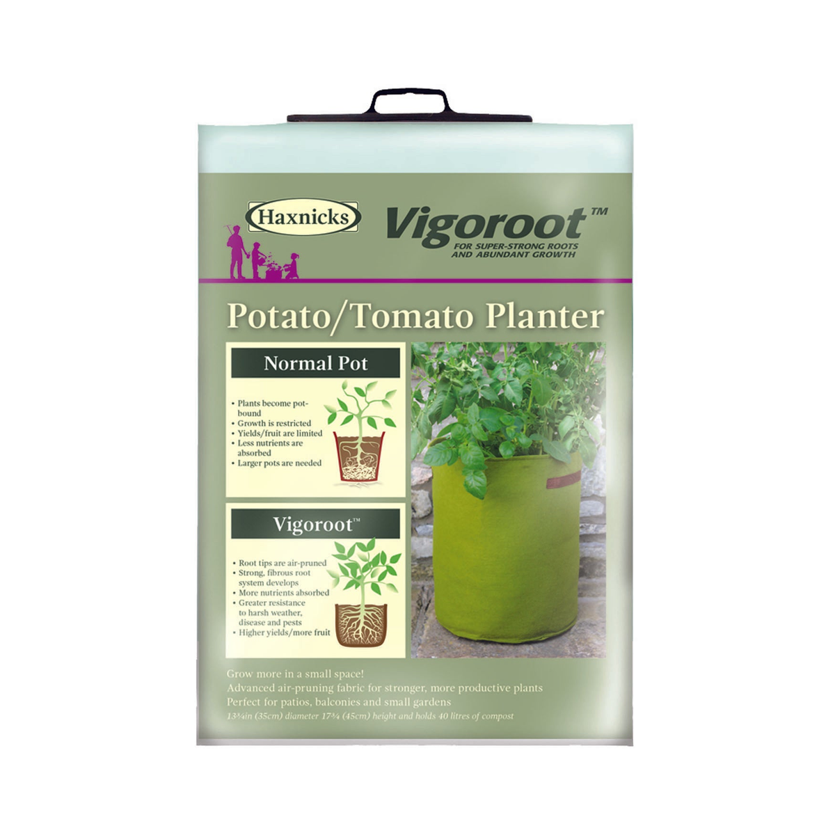 Vigoroot Potato/Tomato Planter with air-pruning fabric for enhanced root growth and nutrient absorption, features easy-carry handles, 10.6-gallon capacity.