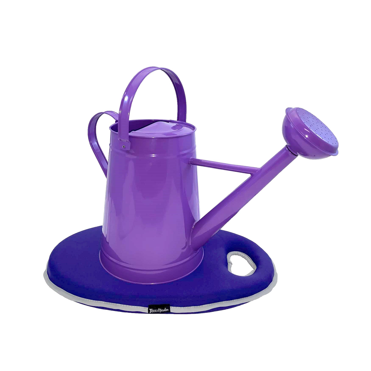 Violet metal watering can and kneeling cushion set for gardening.