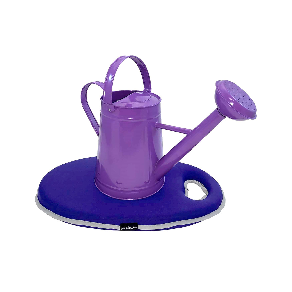 Violet metal watering can with handle and kneeling cushion set.