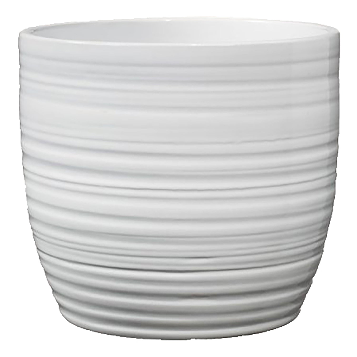 6.3" Dia White Ceramic Bergamo Indoor Plant Pot with glazed finish and ridges, sustainable design.