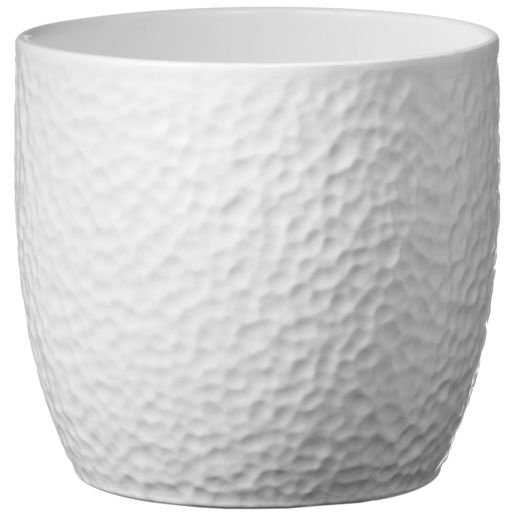 6.3" white ceramic indoor plant pot with hammered design, no drainage holes, matte finish.