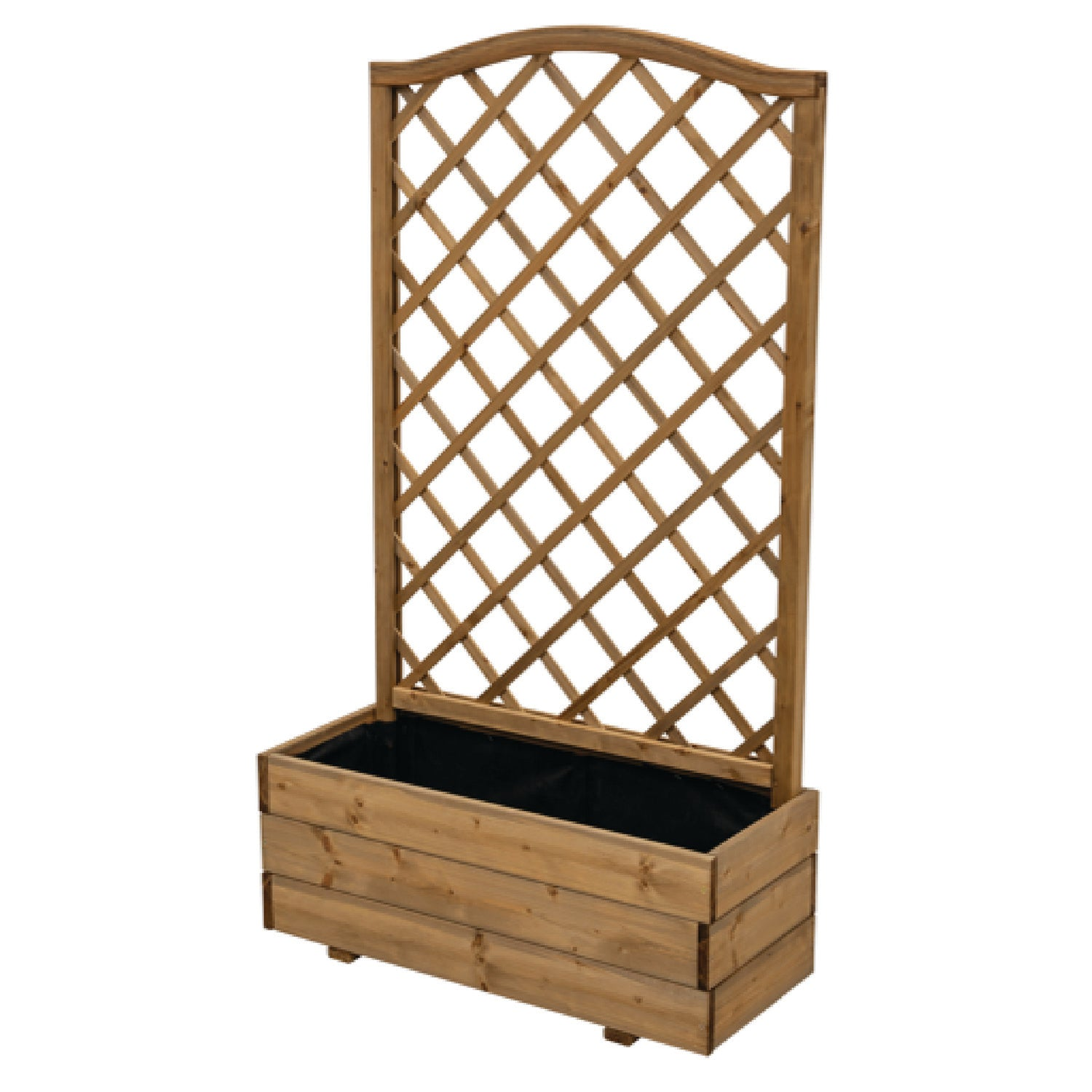 Wooden flower box with scalloped trellis, FSC-certified timber, 31" L x 12.6" W x 54" H.