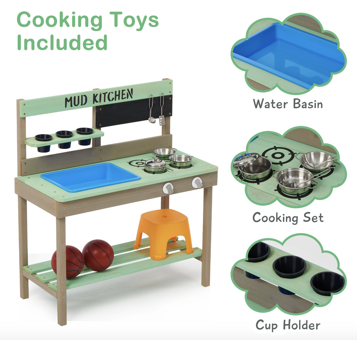 Wooden mud kitchen for kids with accessories, featuring stove burners, water basin, cooking set, and cup holder.