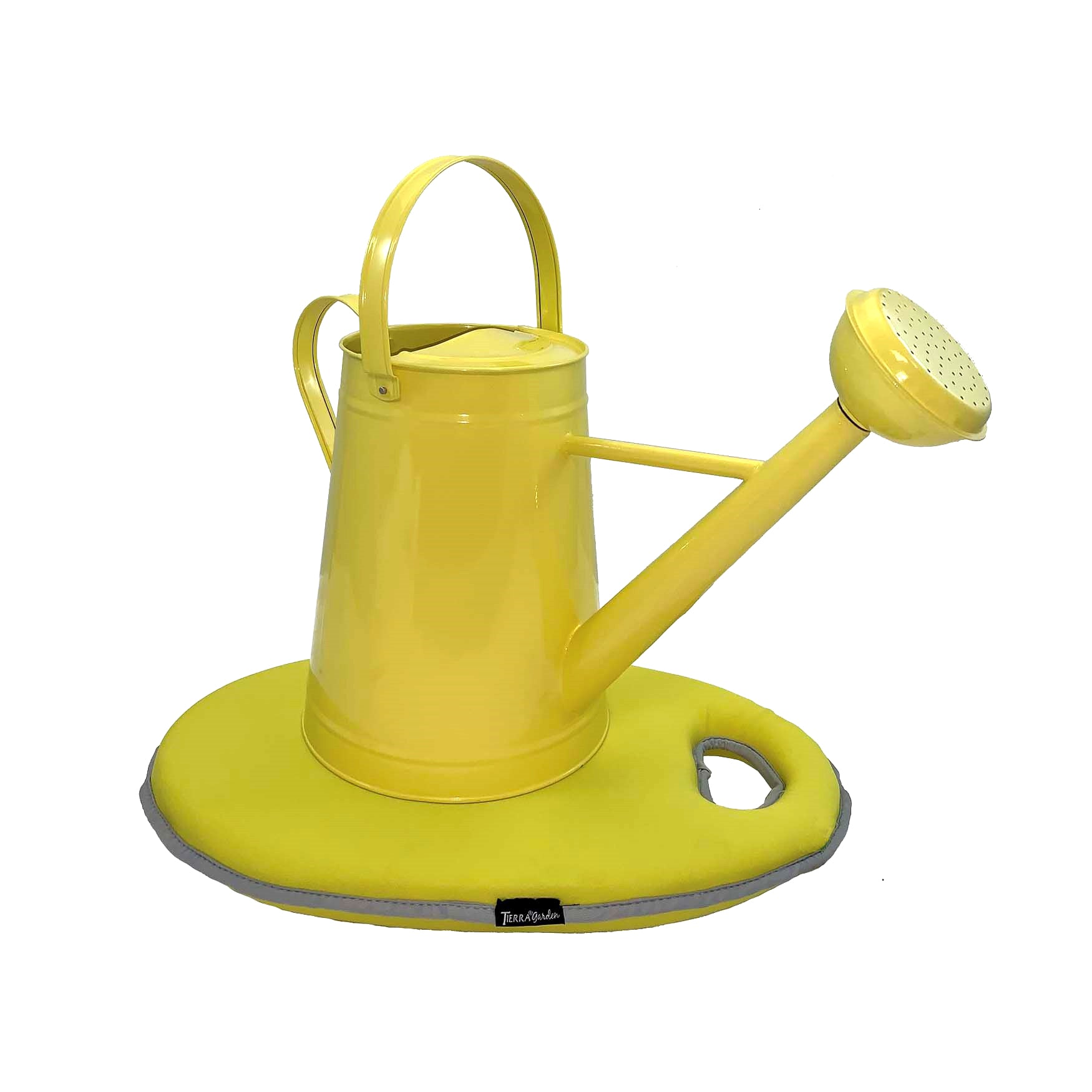 Yellow metal watering can with memory foam kneeling cushion for gardening.