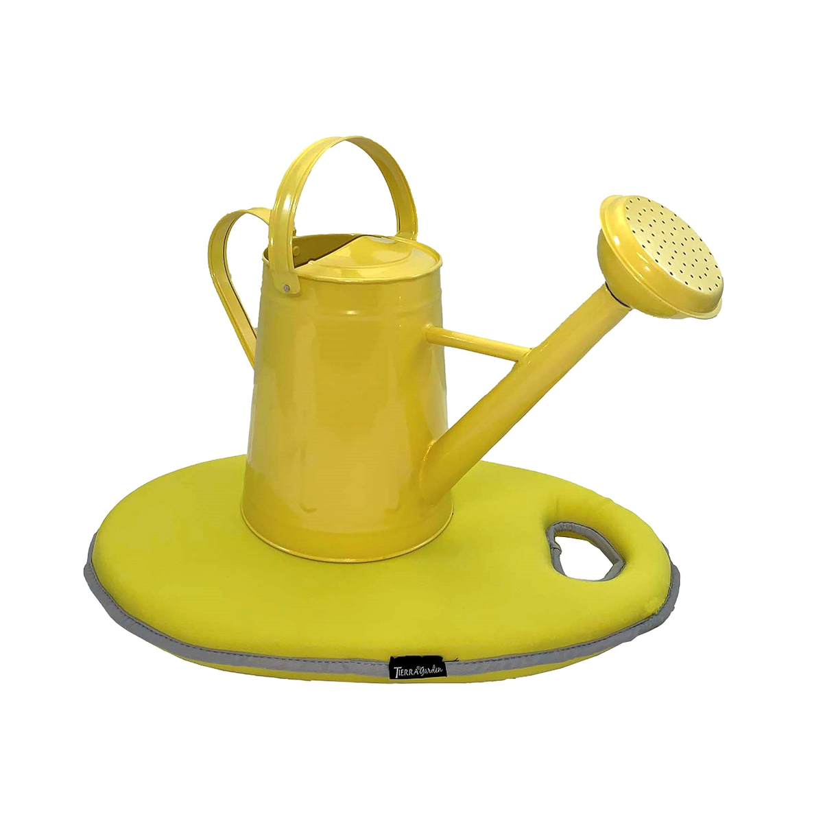 1.2 gallon yellow metal watering can with memory foam kneeling cushion set.