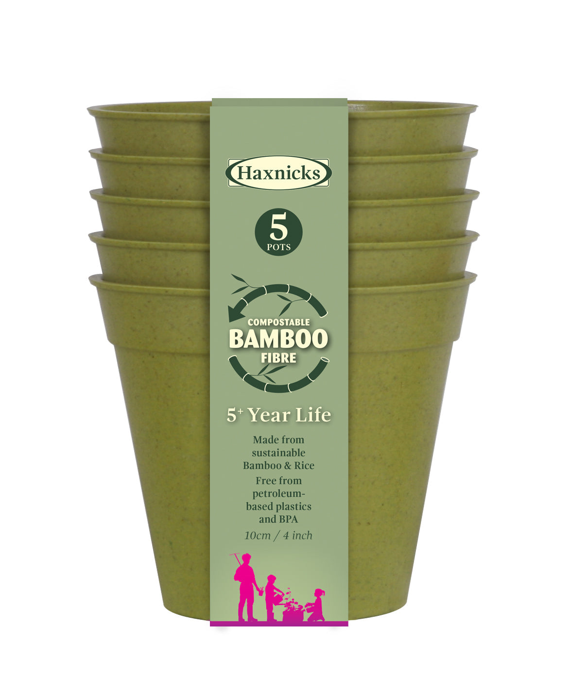 4" green bamboo pot 5 pack, eco-friendly, biodegradable, compostable bamboo fiber, durable for indoor/outdoor use.