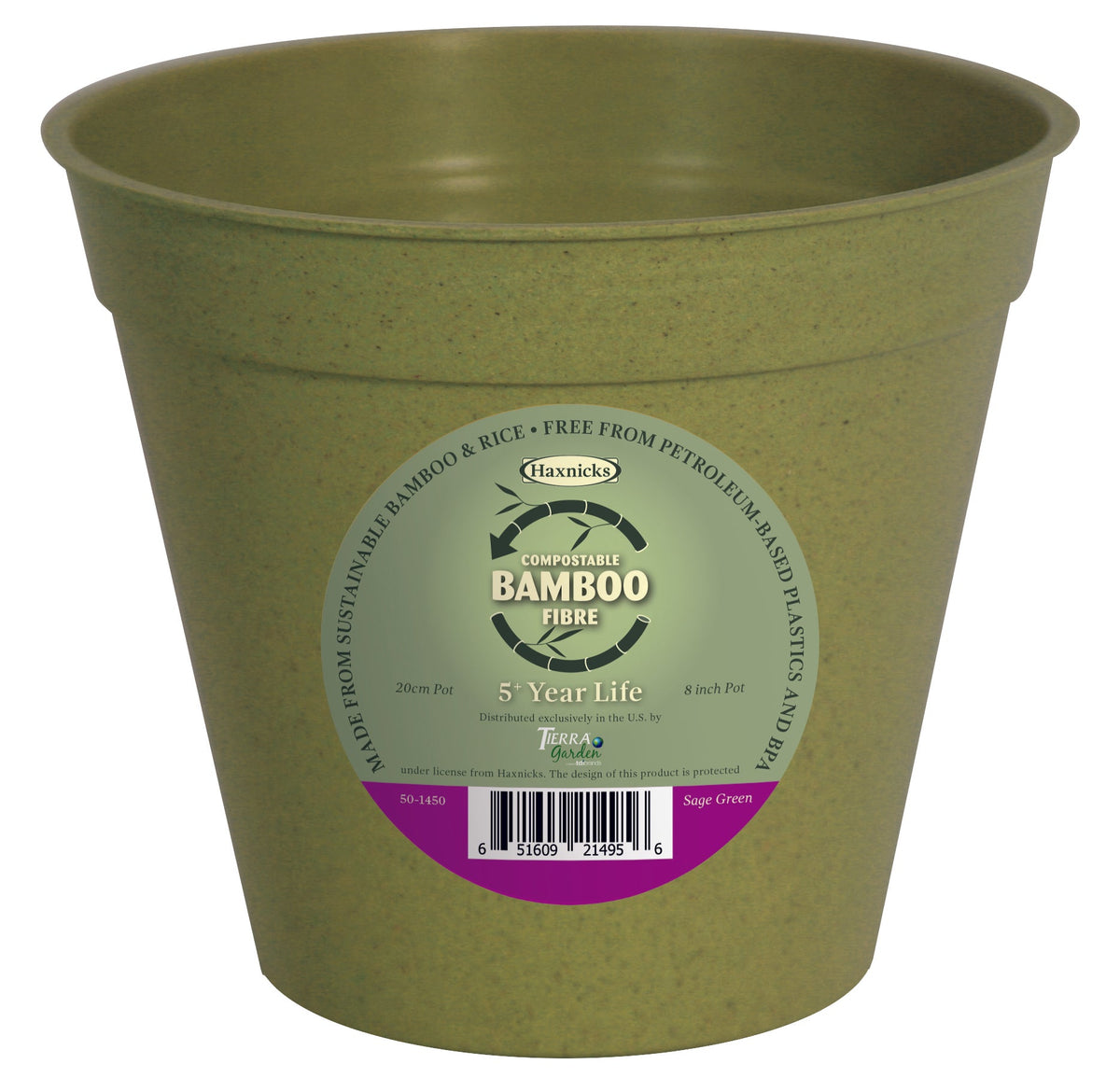 8&quot; green bamboo pot made from bamboo fiber and rice starch, eco-friendly, durable, biodegradable, indoor/outdoor use.