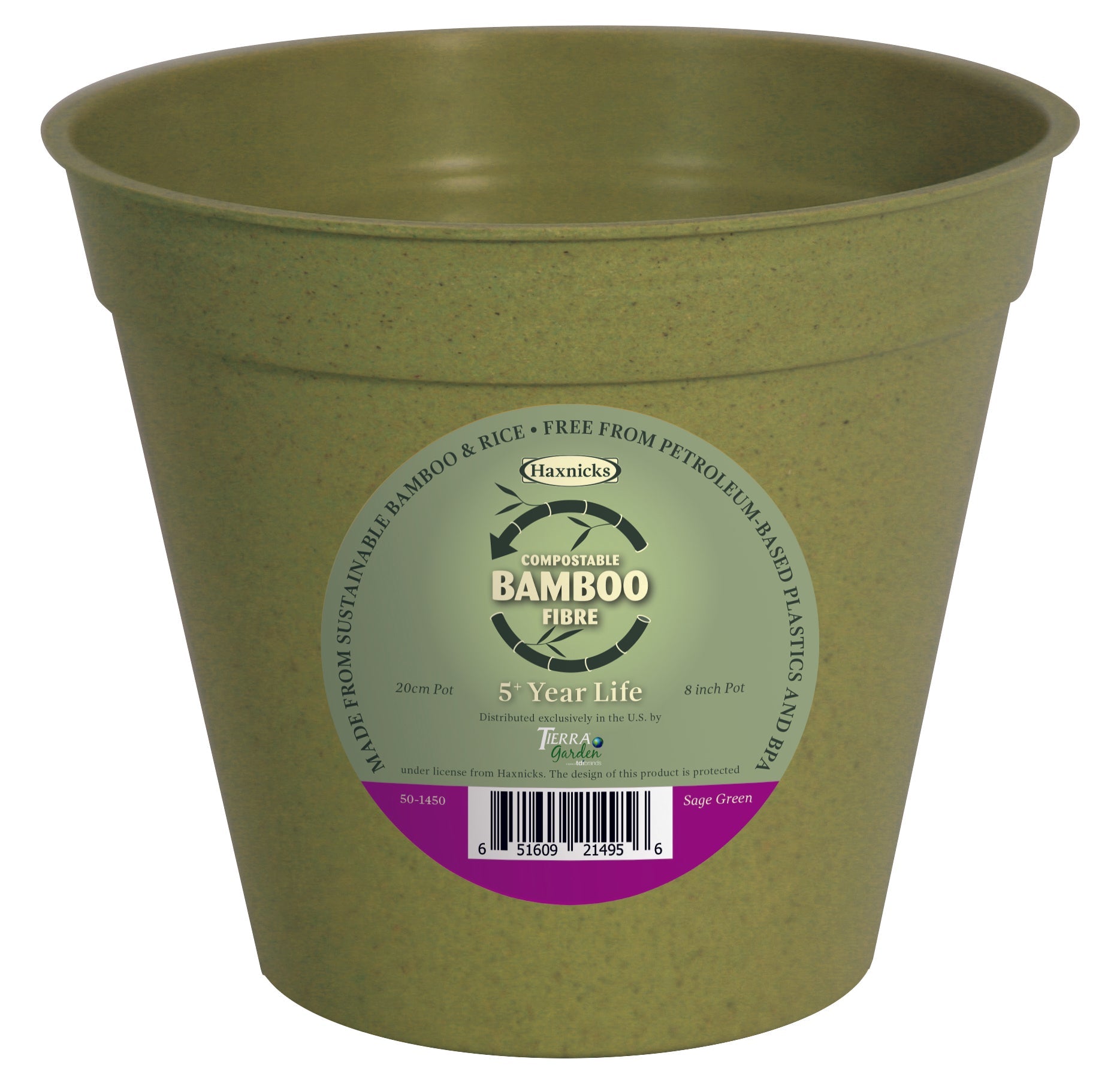 8" green bamboo pot made from bamboo fiber and rice starch, eco-friendly, durable, biodegradable, indoor/outdoor use.